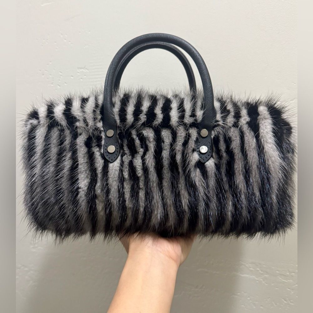 Genuine Mink Fur Handmade Top Handles Pillow Bag, Includes  Crossbody Strap